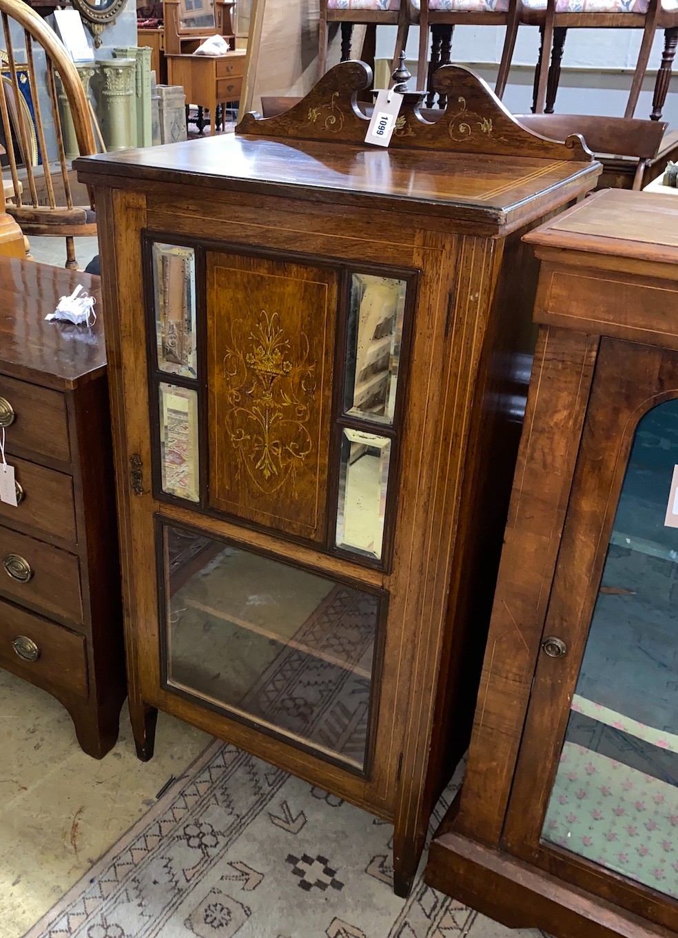 A Victorian inlaid rosewood music cabinet, width 56cm, depth 38cm, height 110cm